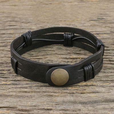 Alternate image for Mens Black Leather Wristband Bracelet with Brass Snap Commander in Black