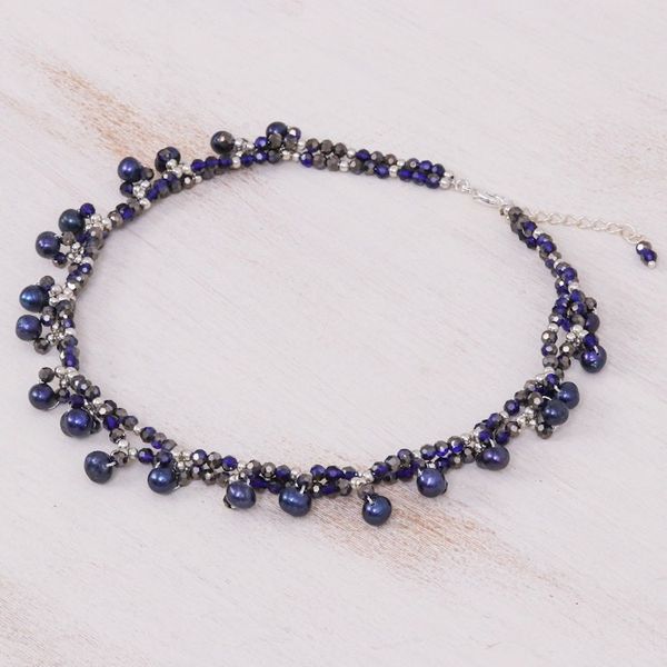 Alternate image for Blue Cultured Pearl Beaded Necklace with Silver Accents Wonderful Blue