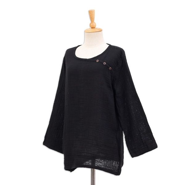 Alternate image for Long-Sleeve Cotton Gauze Blouse from Thailand Modern Look in Black