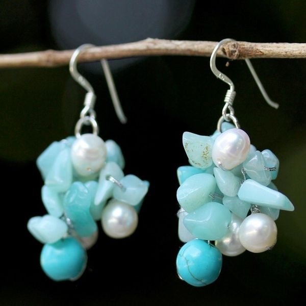 Alternate image for Beaded Cultured Pearl and Blue Quartz Earrings Phuket Beach