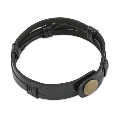 Alternate image for Mens Black Leather Wristband Bracelet with Brass Snap Commander in Black