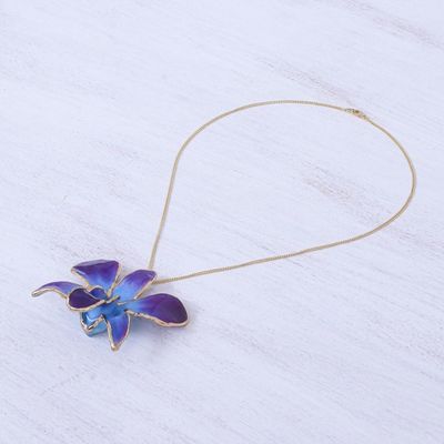 Alternate image for Gold-Plated Blue Orchid Petal Pendant Necklace and Brooch Orchid Magic in Blue