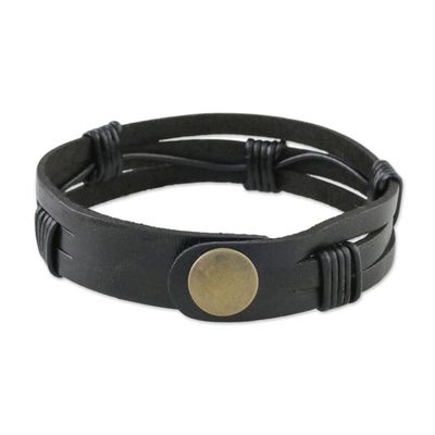 Alternate image for Mens Black Leather Wristband Bracelet with Brass Snap Commander in Black