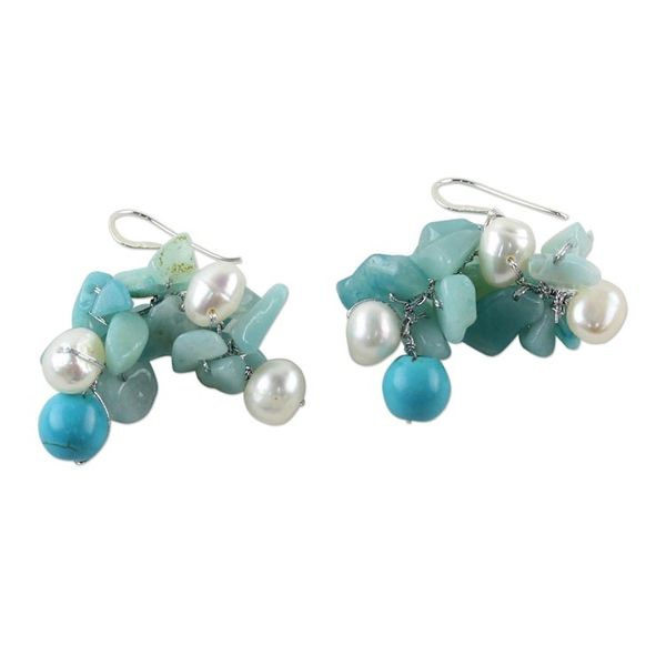 Alternate image for Beaded Cultured Pearl and Blue Quartz Earrings Phuket Beach