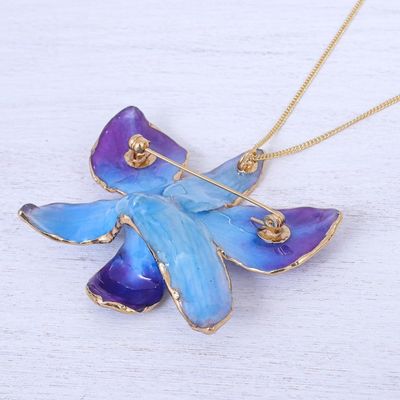 Alternate image for Gold-Plated Blue Orchid Petal Pendant Necklace and Brooch Orchid Magic in Blue