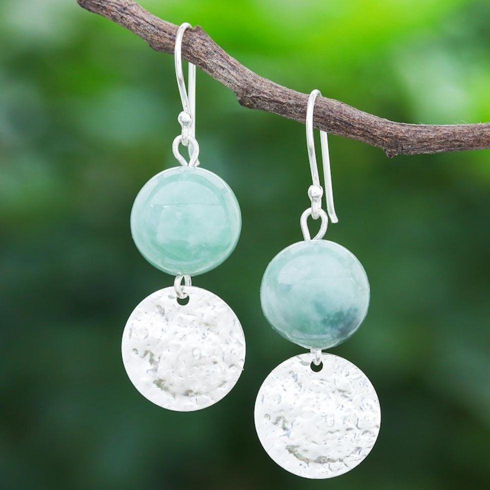 Hand Made Jade and Sterling Silver Dangle Earrings 'Shining Moon in Green'