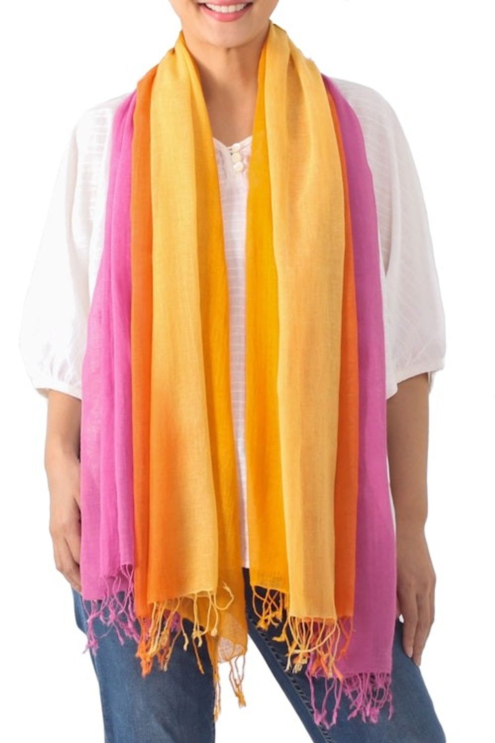 Handwoven Bright Striped Cotton Wrap Scarves Pair 'Sunrise Breeze'