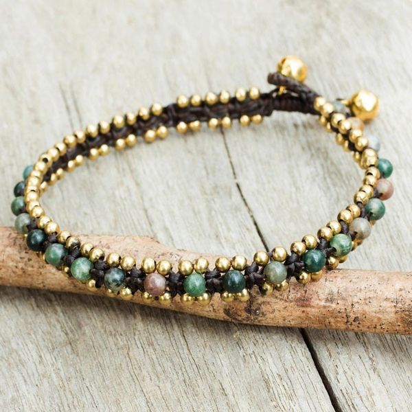 Alternate image for Thailand Crocheted Agate Anklet with Brass Beads and Bells Tinkling Bells