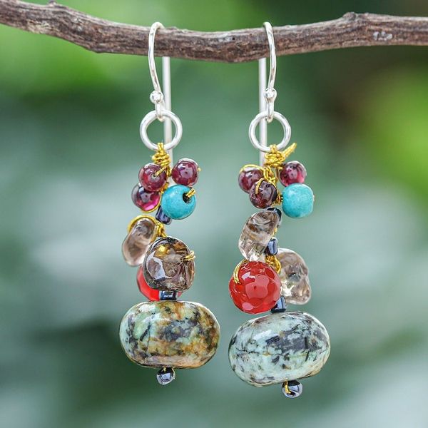 Alternate image for Jasper Multi-Gemstone Dangle Earrings from Thailand Exotic Cluster