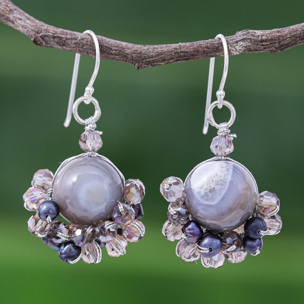 Grey Agate and Cultured Pearl Dangle Earrings 'Vivid Dream in Grey'