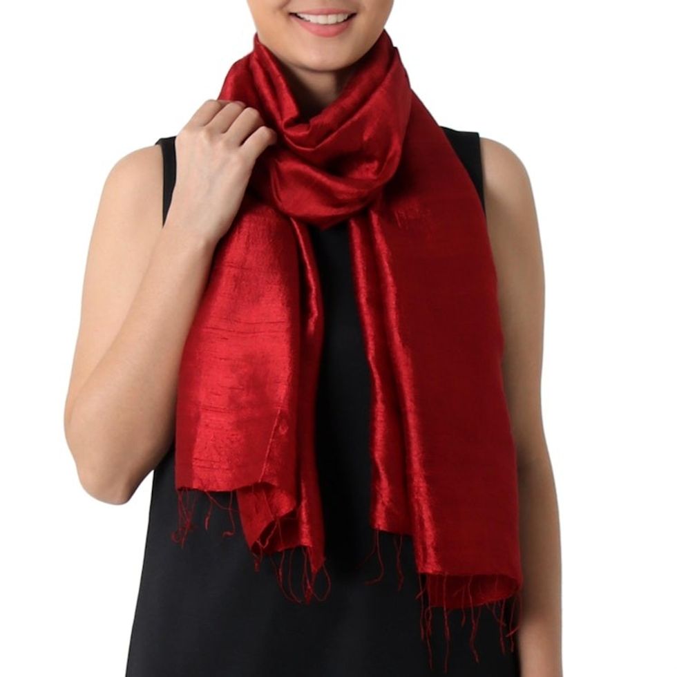 Hand Woven Fringed Silk Scarf in Crimson from Thailand 'Shimmering Crimson'