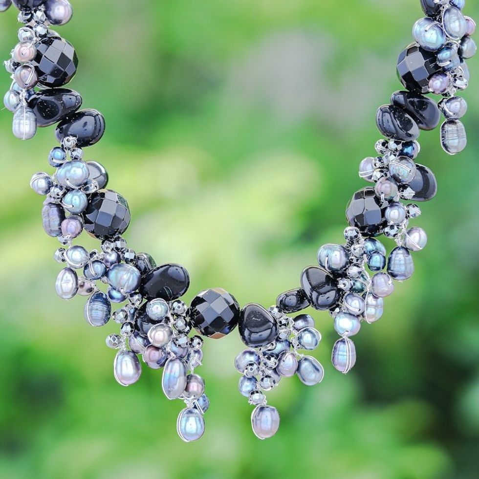 Handmade Agate and Cultured Pearl Beaded Necklace 'Wishing Pool'