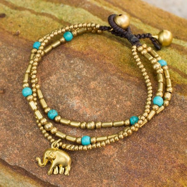 Alternate image for Brass Bracelet Turquoise-color Gems Beaded Jewelry Thai Elephant Charm