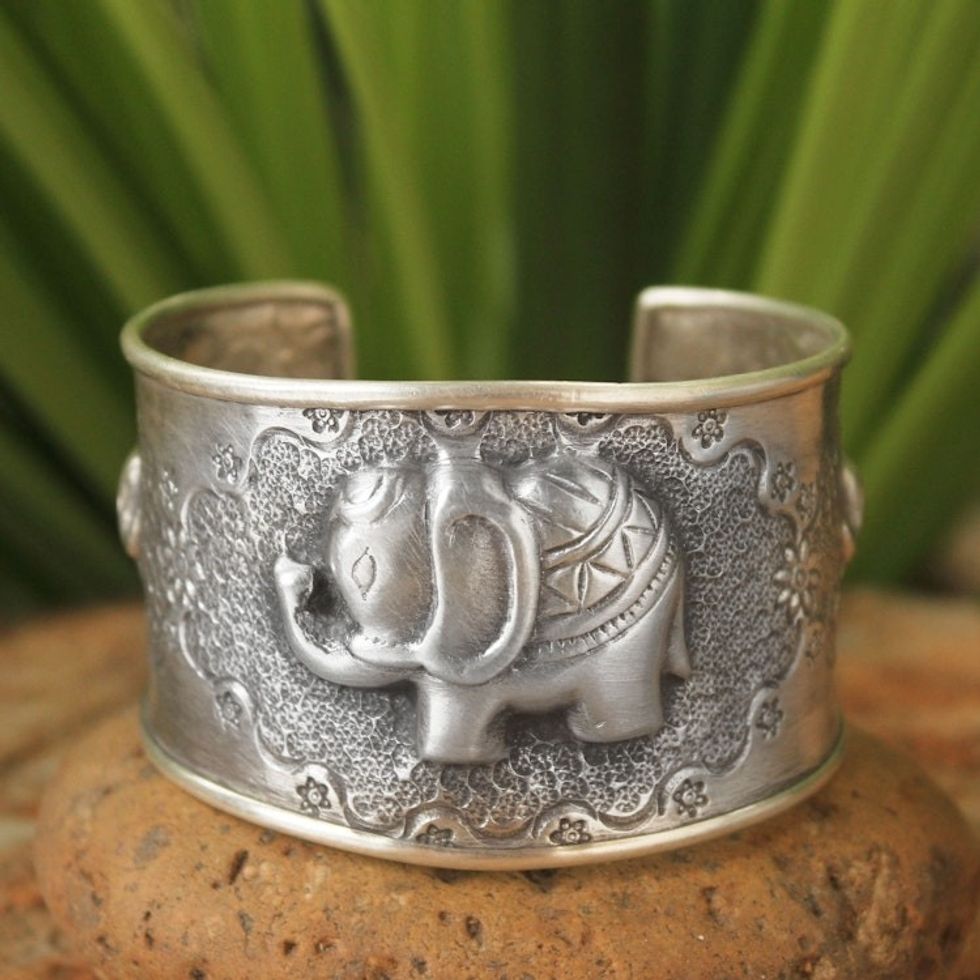 Handmade Sterling Silver Cuff Bracelet 'Hill Tribe Elephants'