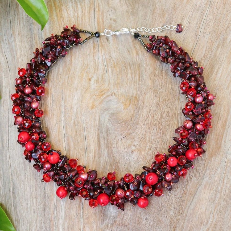 Handcrafted Multi-Gemstone Red Beaded Necklace 'Red Paradise'