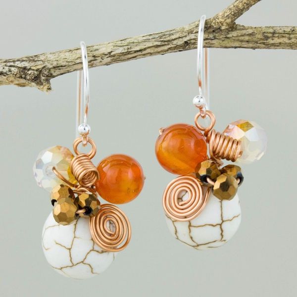 Alternate image for Calcite Carnelian and Glass Bead Dangle Earrings with Copper White Bubbles
