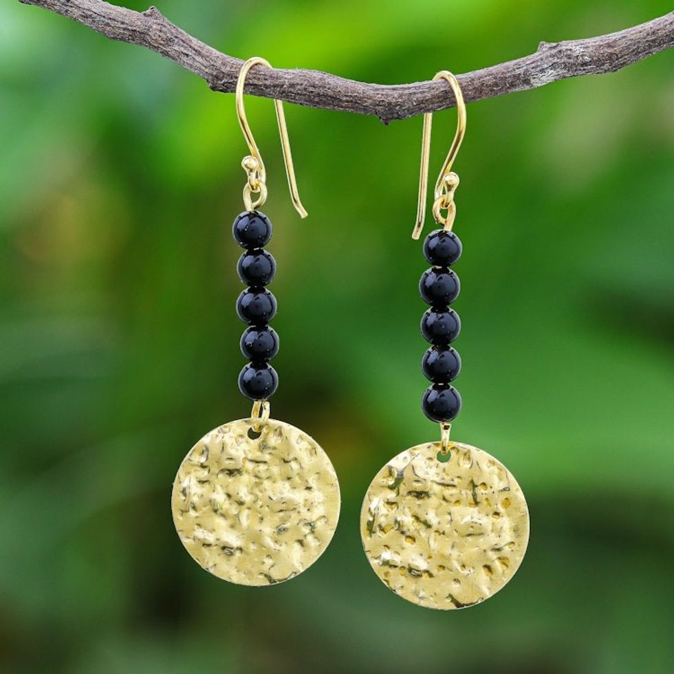 Black Onyx Bead and Brass Coin Dangle Earrings 'Golden Coin in Midnight'