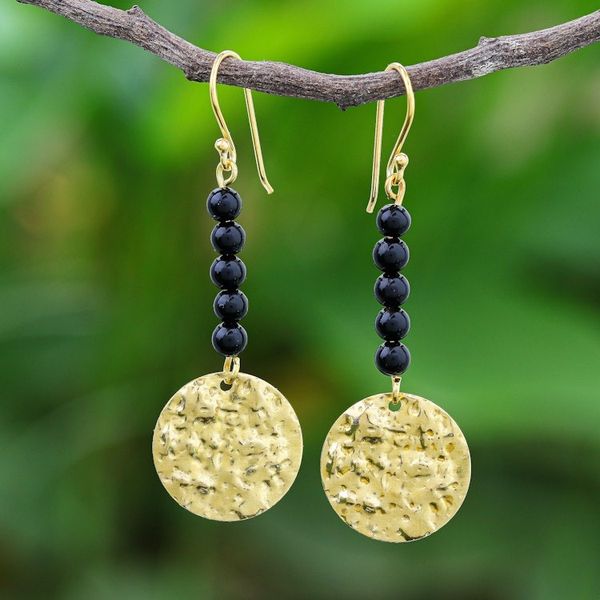 Alternate image for Black Onyx Bead and Brass Coin Dangle Earrings Golden Coin in Midnight