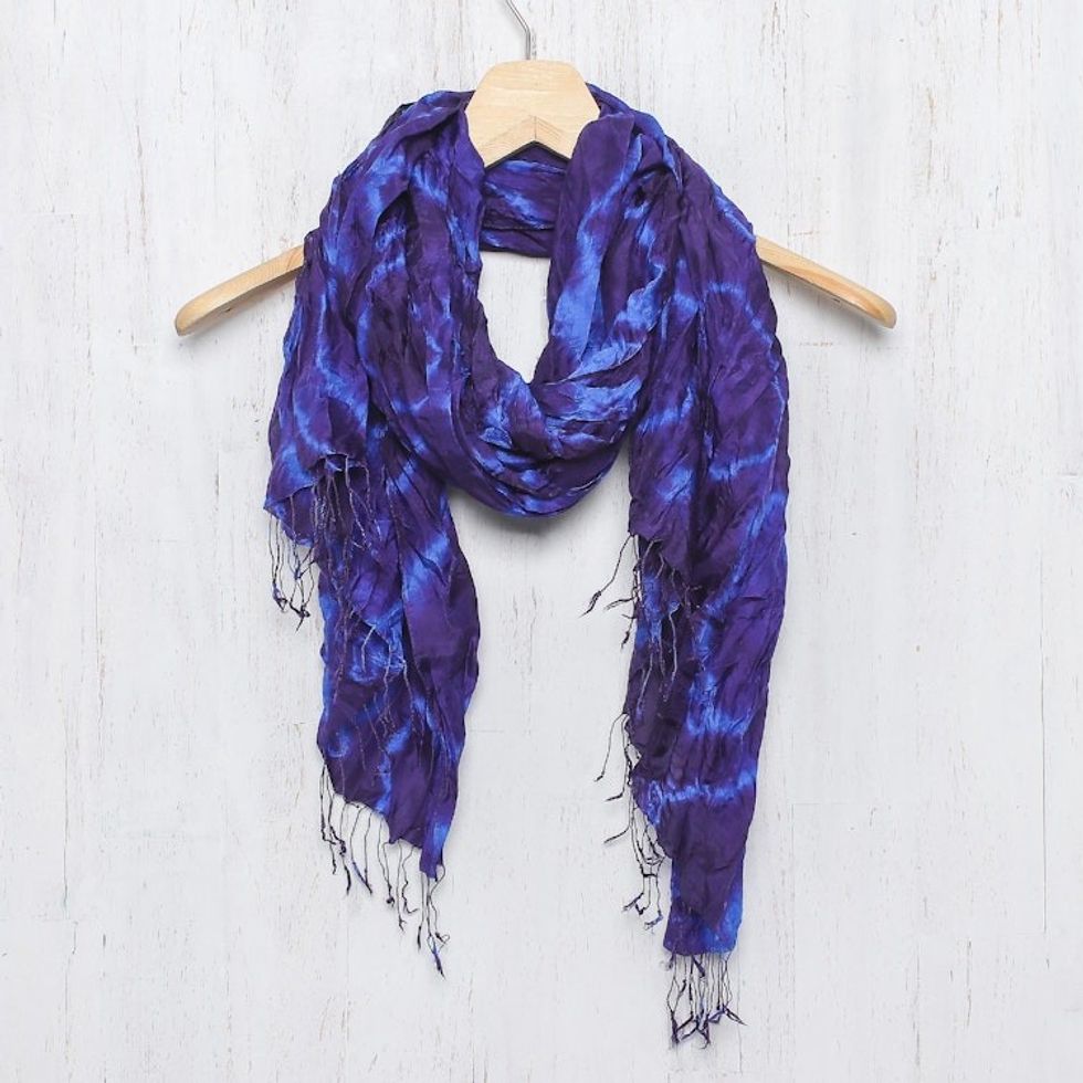 Blue Purple Tie-dye Silk Scarf Crafted by Hand in Thailand 'Indigo Dance'