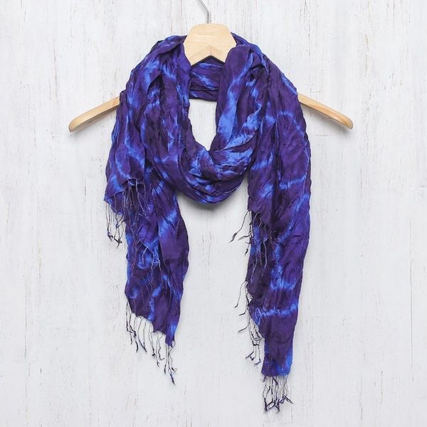 Alternate image for Blue Purple Tie-dye Silk Scarf Crafted by Hand in Thailand Indigo Dance