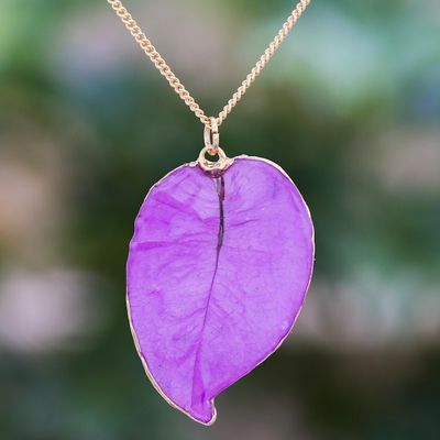 Alternate image for Gold Accented Natural Flower Pendant Necklace in Purple Bougainvillea Love in Purple