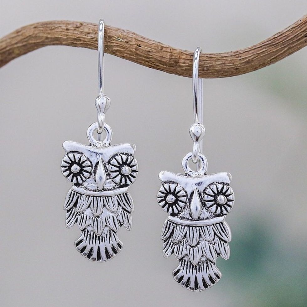 Hand Crafted Owl Dangle Earrings in Sterling Silver 925 'Owl Love'