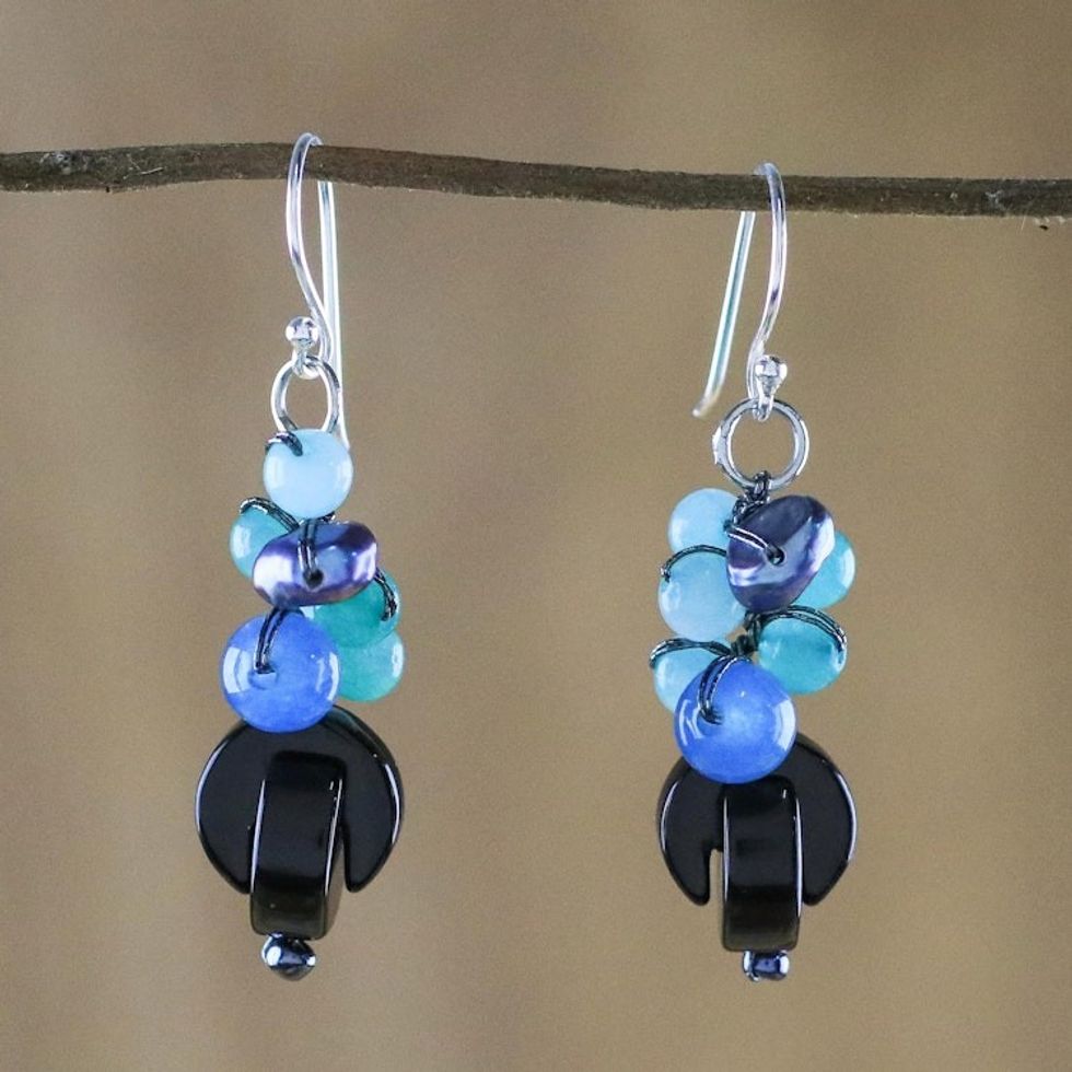 Onyx Multi-Gemstone Dangle Earrings from Thailand 'Tidal Wave in Blue'