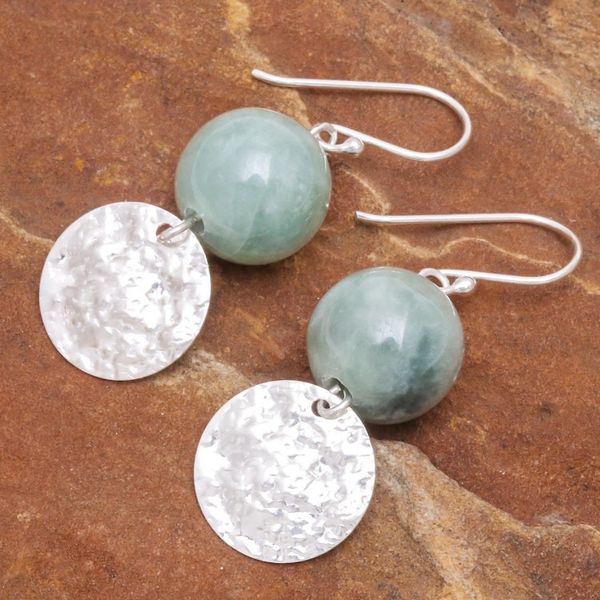 Alternate image for Hand Made Jade and Sterling Silver Dangle Earrings Shining Moon in Green