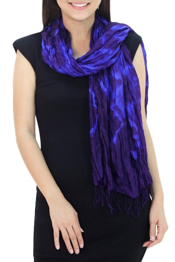Alternate image for Blue Purple Tie-dye Silk Scarf Crafted by Hand in Thailand Indigo Dance
