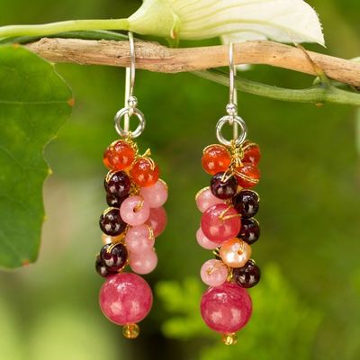 Alternate image for Beaded Pearl Carnelian and Quartz Handmade Earrings Rosy Vineyard
