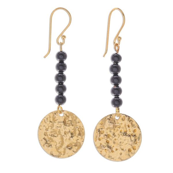 Alternate image for Black Onyx Bead and Brass Coin Dangle Earrings Golden Coin in Midnight