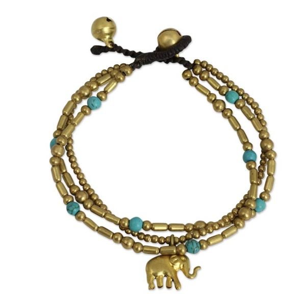 Alternate image for Brass Bracelet Turquoise-color Gems Beaded Jewelry Thai Elephant Charm