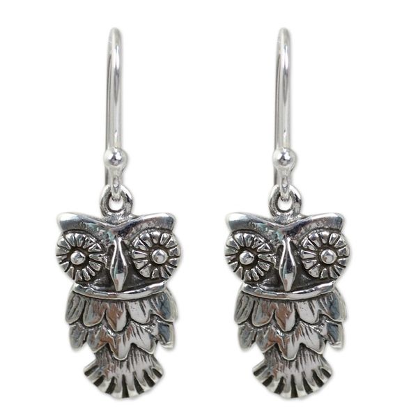 Alternate image for Hand Crafted Owl Dangle Earrings in Sterling Silver 925 Owl Love