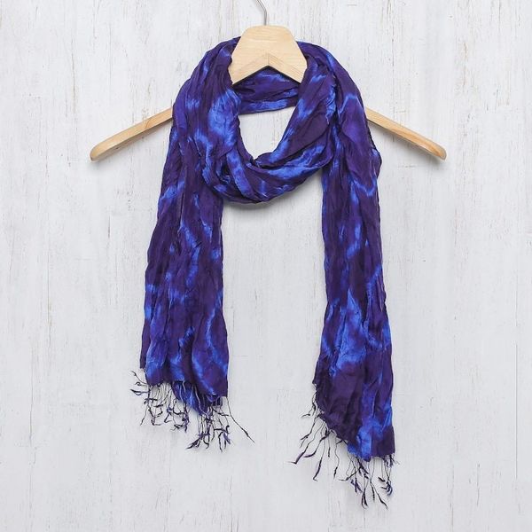 Alternate image for Blue Purple Tie-dye Silk Scarf Crafted by Hand in Thailand Indigo Dance