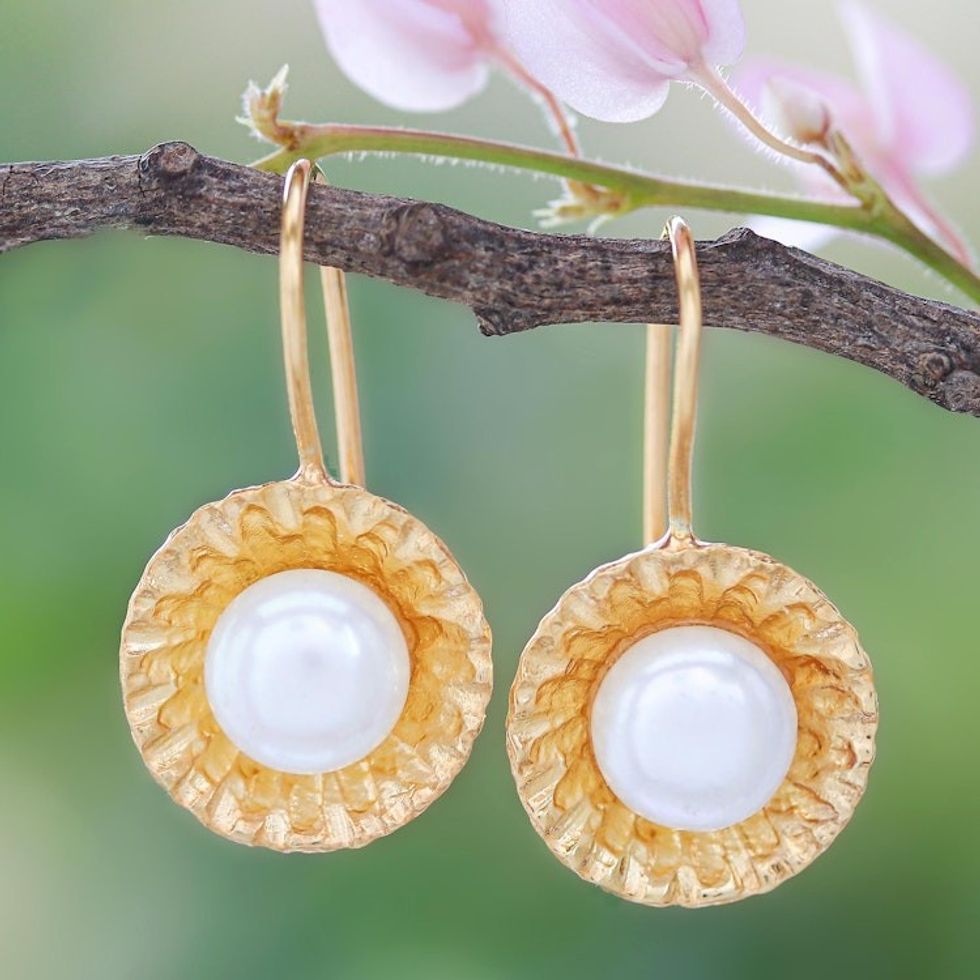 Gold-Plated Cultured Pearl Dangle Earrings 'Morning Pearl'