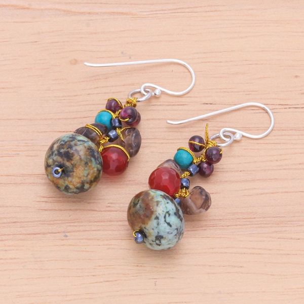 Alternate image for Jasper Multi-Gemstone Dangle Earrings from Thailand Exotic Cluster