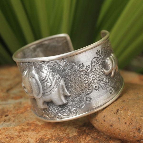 Alternate image for Handmade Sterling Silver Cuff Bracelet Hill Tribe Elephants