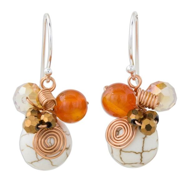 Alternate image for Calcite Carnelian and Glass Bead Dangle Earrings with Copper White Bubbles