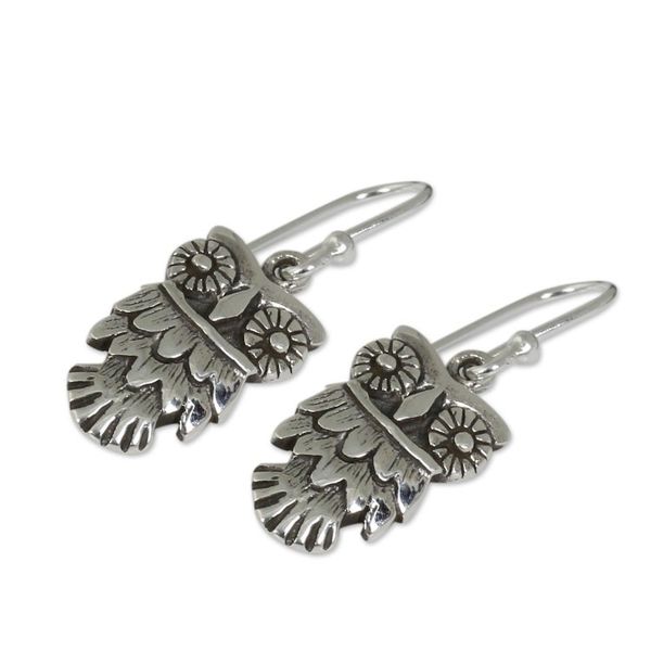 Alternate image for Hand Crafted Owl Dangle Earrings in Sterling Silver 925 Owl Love