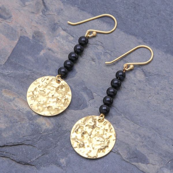 Alternate image for Black Onyx Bead and Brass Coin Dangle Earrings Golden Coin in Midnight