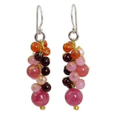 Alternate image for Beaded Pearl Carnelian and Quartz Handmade Earrings Rosy Vineyard