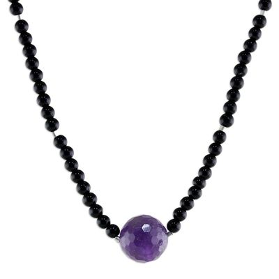 Alternate image for Unique Beaded Amethyst and Onyx Necklace Brilliant Amethyst