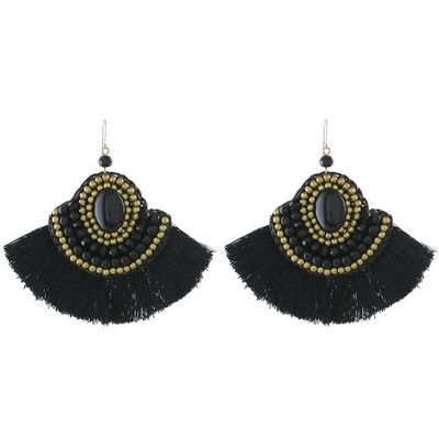 Alternate image for Handcrafted Black Fringe Onyx and Brass Bead Dangle Earrings Shadow Dancer