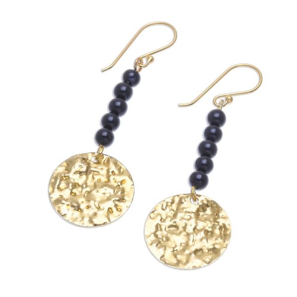Alternate image for Black Onyx Bead and Brass Coin Dangle Earrings Golden Coin in Midnight