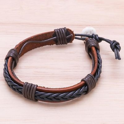 Alternate image for Braided Leather Wristband Bracelet in Black from Thailand Perfect Style in Black