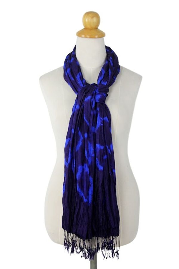 Alternate image for Blue Purple Tie-dye Silk Scarf Crafted by Hand in Thailand Indigo Dance