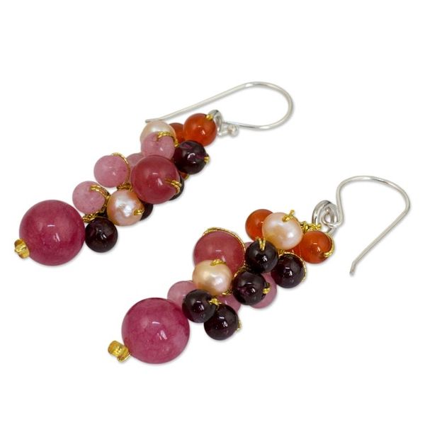 Alternate image for Beaded Pearl Carnelian and Quartz Handmade Earrings Rosy Vineyard