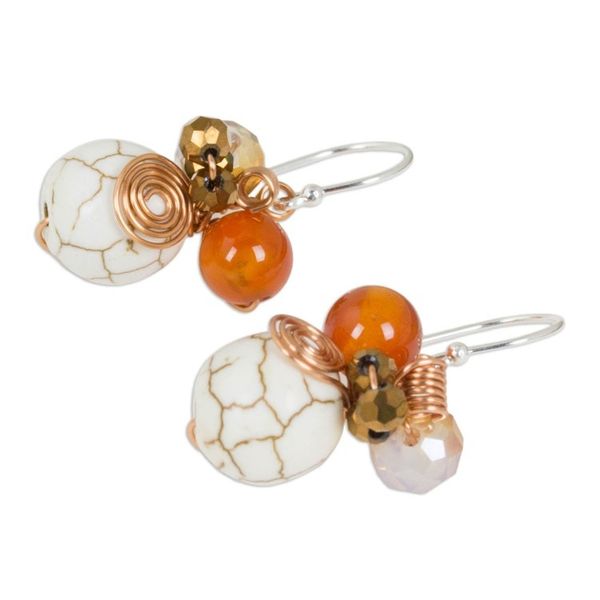 Alternate image for Calcite Carnelian and Glass Bead Dangle Earrings with Copper White Bubbles