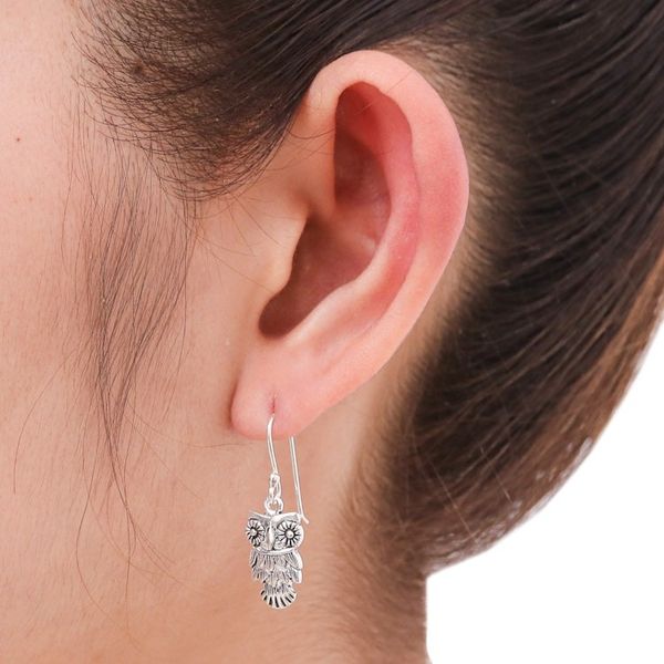 Alternate image for Hand Crafted Owl Dangle Earrings in Sterling Silver 925 Owl Love