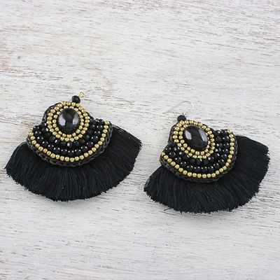 Alternate image for Handcrafted Black Fringe Onyx and Brass Bead Dangle Earrings Shadow Dancer